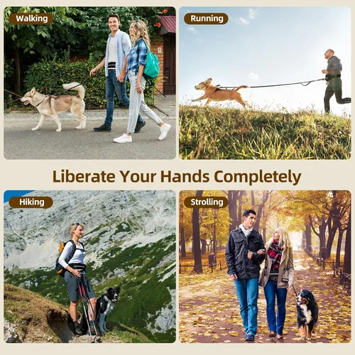 Vista 6 de Correa para perro manos libres con bolsa con cremallera, correa elástica reflectante retráctil de doble asa para perros pequeños y medianos, correr