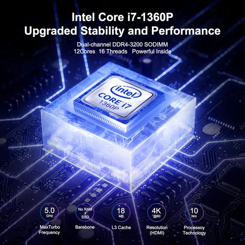 Vista 2 de Intel NUC 13 Pro, NUC13ANHi7 Home & Business Desktop Mini PC Barebone, procesador Core i7-1360P (12 núcleos y 5.0 GHz), gráficos Intel Iris Xe, 16