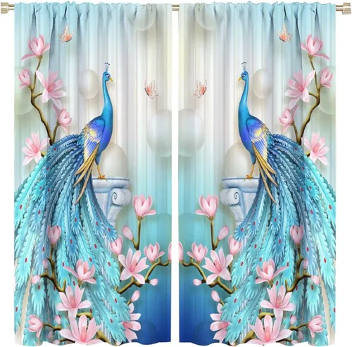 Vista 25 de Cortinas opacas de pavo real, hermoso patrón de estampado de flores de pavo real azul, estampado de mariposas y pavo real, juego de 2 paneles