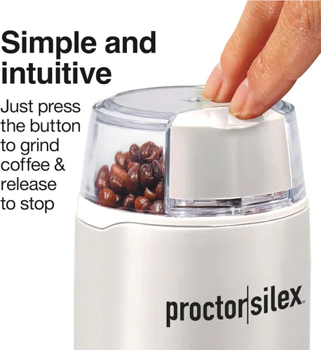 Vista 2 de Proctor Silex Molinillo de café eléctrico para granos, especias y más, cuchillas de acero inoxidable, 12 tazas, color blanco