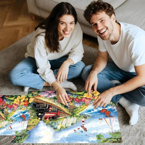 Vista 4 de Rompecabezas de 1000 piezas para adultos, rompecabezas para adultos de 1000 piezas, rompecabezas de tren de flores costeras, rompecabezas desafiante