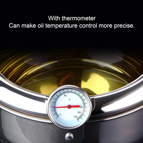 Vista 5 de Olla pequeña con termómetro Fahrenheit, olla freidora, freidora de acero inoxidable 304 con rejilla de drenaje de aceite para papas fritas, pescado