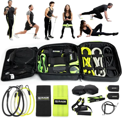 Rage Fitness Ex Kit 9 en 1 gimnasio en una bolsa – Bandas elásticas, para glúteos y resistencia con asas, anclaje de puerta, viajes, oficina y en