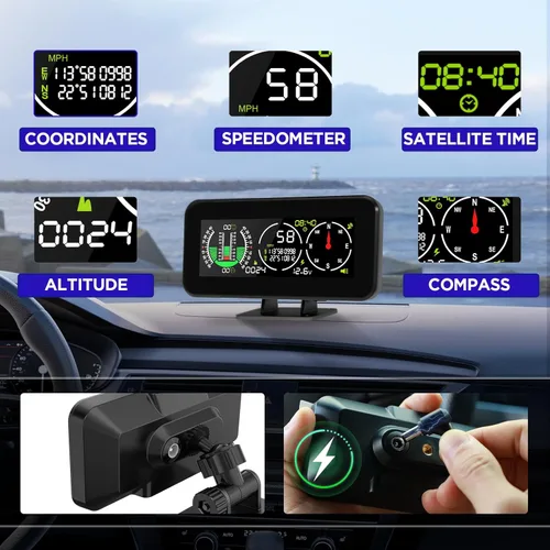 Vista 9 de Inclinómetro de coche M60 para vehículos todoterreno SUV, velocímetro GPS MPH KMH con brújula, medidor digital multifuncional HUD de nivel e