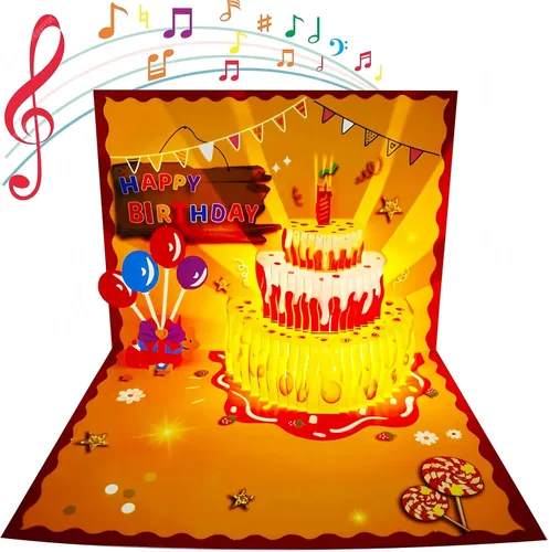 Vista 9 de Tarjetas de cumpleaños 3D desplegables, reproducción automática 3D de colores cambiables, música ligera, tarjetas de pastel de cumpleaños emergentes