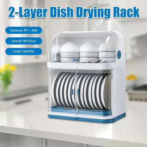 Vista 2 de Escurridor de platos con tapa, estante de secado de plástico de 2 niveles para cocina, platos y almacenamiento de platos