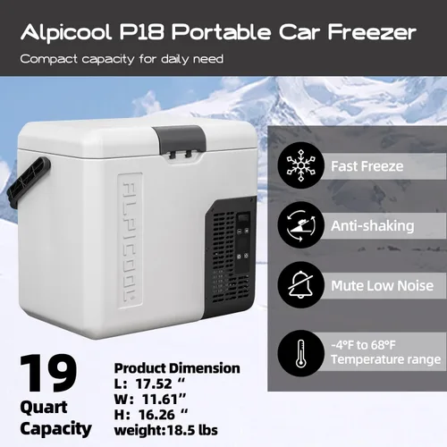 Vista 2 de Alpicool P18 refrigerador portátil de 12 voltios para auto, congelador de 19 cuartos para pesca, campamento, cámper, camión, barco - 12/24 V CC