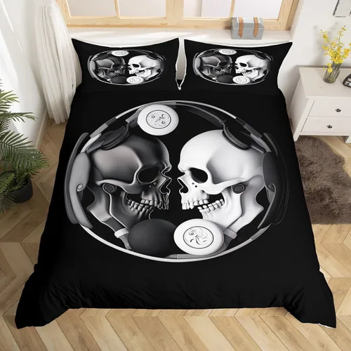 Erosebridal Juego de funda de edredón de calavera de azúcar, Yin y Yang, juego de ropa de cama de calavera gótica negra y blanca para niños,