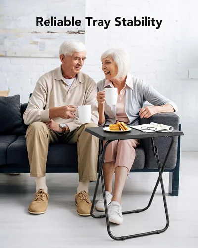 Vista 4 de HUANUO Mesa plegable para TV, mesa estable sin necesidad de montaje, bandeja de TV para comer, mesas plegables para aperitivos para cama y sofá Negro