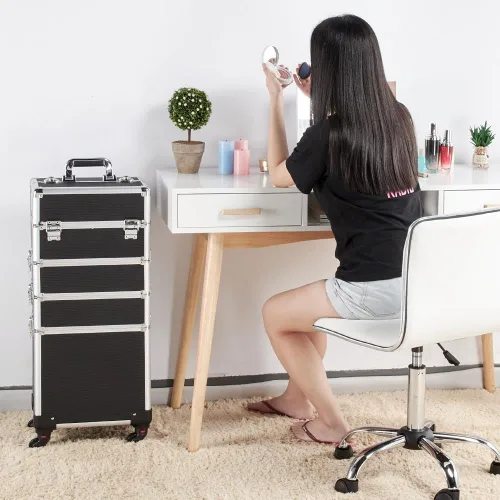 Vista 8 de Yaheetech estuche profesional 4 en 1 para cosméticos, organizador con 4 ruedas desmontables, estuche de viaje de color negro