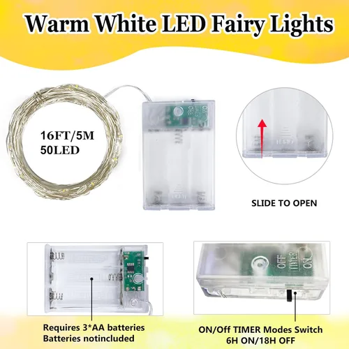 Vista 52 de Paquete de 2 guirnaldas de luces LED, funcionan con pilas, 5 m, 50 luces intermitentes, temporizador, impermeables, para habitaciones, bodas