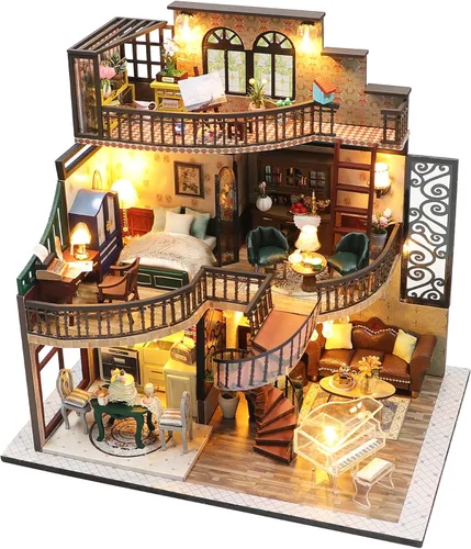 Vista 9 de Spilay Kit de muebles de madera para casa de muñecas en miniatura, de bricolaje, modelo mini hecho a mano con cubierta de polvo y caja de música