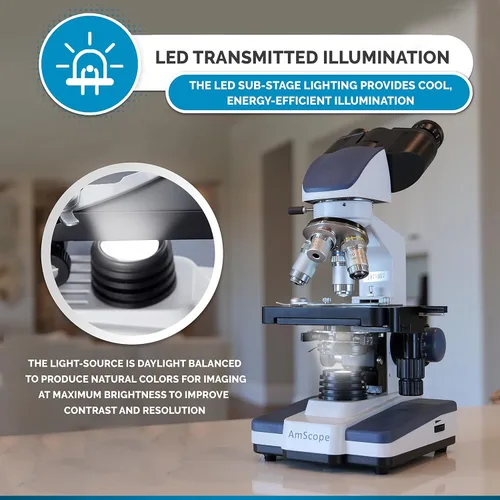 Vista 6 de AmScope 40X-2500X Microscopio Binocular Compuesto LED etapa mecánica de doble capa + libro (idioma español no garantizado) + 100 cubreobjetos y 50