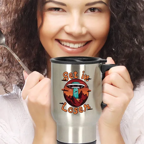 Vista 4 de Alien UFO Travel Mug - Get In Loser Abduction Graphic - 14oz Stainless Steel Insulated Coffee Cup with Handle and Slide Lid for Sci-Fi Fans