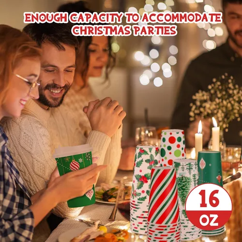 Vista 6 de 36 juegos/108 vasos de papel de Navidad de 16 onzas desechables de Navidad para llevar, tazas de café con tapas y mangas, taza de café de cacao