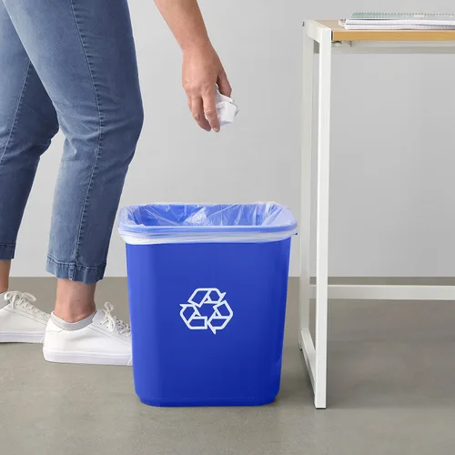 Vista 6 de Yaxa Basics Cesta de basura rectangular para oficina comercial, con logotipo de reciclaje, 7 galones (paquete de 2), azul