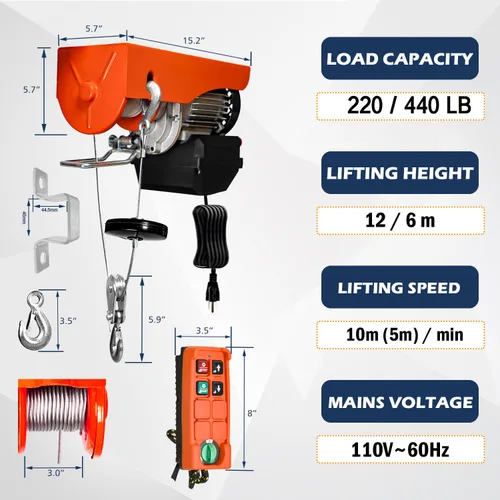 Vista 5 de Polipasto eléctrico resistente de 120 V, capacidad de 440 libras, altura de elevación de 39 pies, con control remoto inalámbrico y parada