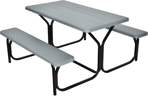 Vista 13 de Giantex - Juego de bancos para picnic para todo tipo de climas, con base de metal, textura similar a la madera, para acampar al aire libre