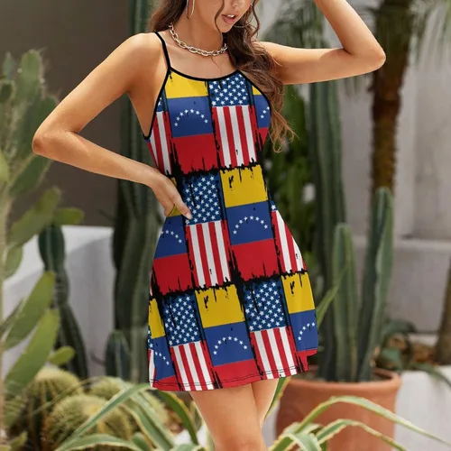 Vista 2 de USA Venezuela Flag Women's Spaghetti Strap Dress Party Mini Adjustable Sundress Casual Beach