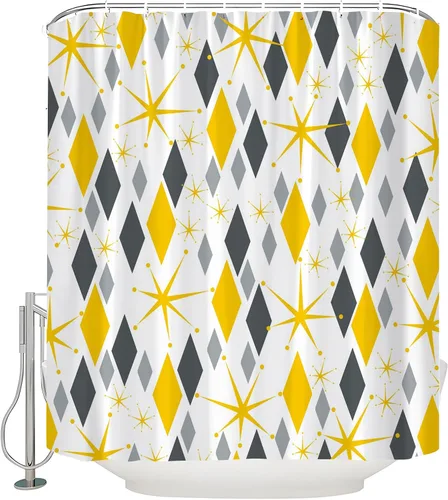 Vista 7 de Mid Century Shower Curtain Modern Blue Grey Abstract Geometric Atomic Vintage 1950s 60s Minimalist Retro Boho Fabric Curtain with Hook