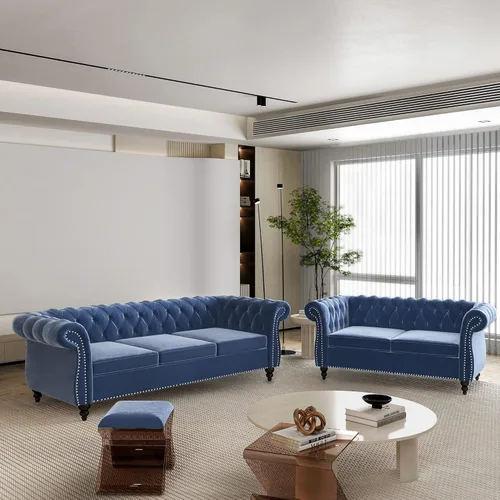 Vista 13 de Juego de 2 piezas para sala de estar, sofá Chesterfield de cuero con reposabrazos enrollados y tachuelas para sala de estar, oficina (negro)