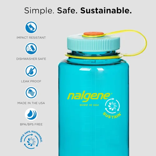 Vista 7 de Nalgene Sustain Tritan - Botella de agua sin BPA, 32 onzas, boca ancha, gris con tapa negra y botella de agua Sustain Tritan sin BPA fabricada