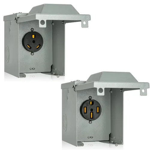 Caja de salida de corriente RV de 30 amperios con alimentación RV de 50 amperios, enchufe cerrado para exteriores con bloqueo,