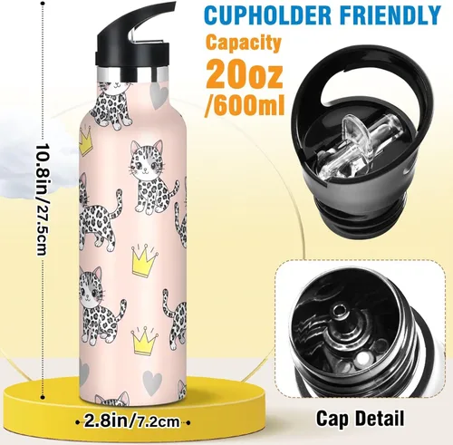 Vista 2 de Water Bottle for Kids with Straw Leakproof Insulated Water Bottles 20oz, BPA-Free, Cute Black White Leopard Kittens