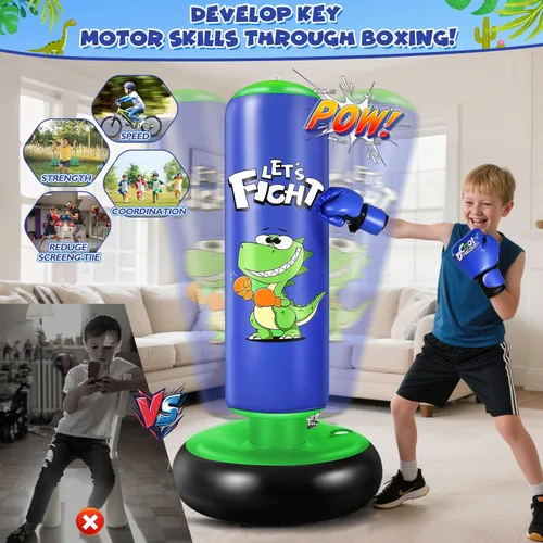 Vista 3 de Bolsa de boxeo inflable, bolsa de boxeo de 48" para niños con guantes de boxeo, juego de boxeo estable para karate, taekwondo, juguete de dinosaurio