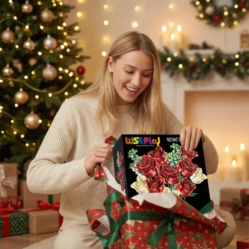 Vista 2 de WISEPLAY Juego de construcción de ramo de rosas – 697 piezas para mujeres, bloques de construcción de flores de rosas rojas y blancas, creativo