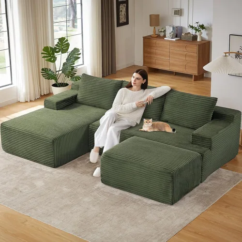 Vista 23 de Sofá modular de 95 pulgadas con otomana, moderno sofá nube de pana con asiento profundo, sofá sin hueso tapizado de 3 plazas en forma de U para sala