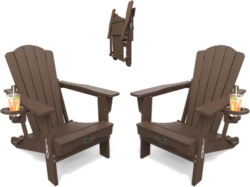 Vista 29 de THOEOE Silla Adirondack plegable, silla de exterior HDPE para todo tipo de clima con soporte para tazas, textura de madera, silla para hoguera