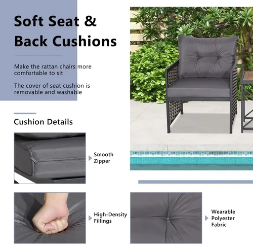 Vista 5 de Tangkula Juego de sillas de ratán de 3 piezas, sillas de mimbre para patio y mesa auxiliar, marco de metal resistente y mesa de madera de acacia