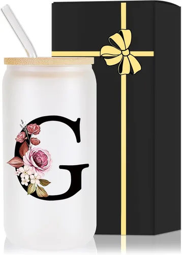 Vista 26 de Vaso de vidrio con monograma con tapa de bambú, popote personalizado, vaso de café helado de 16 onzas, tarro transparente de masón, cerveza, agua