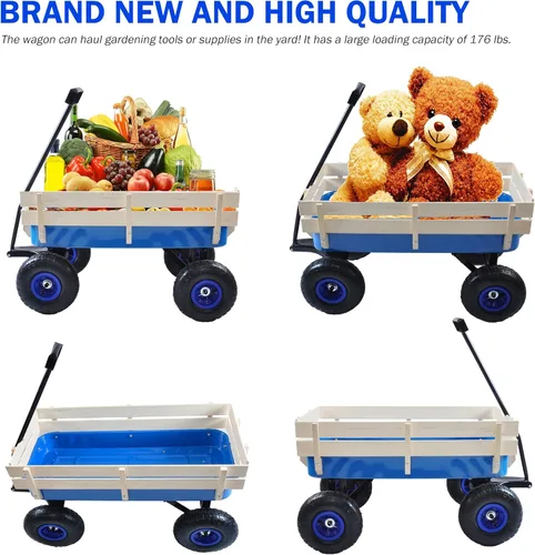 Vista 6 de Carro de carga de acero resistente con soporte lateral de madera con neumáticos todo terreno de 10", capacidad de arrastre de hasta 176lb, carro