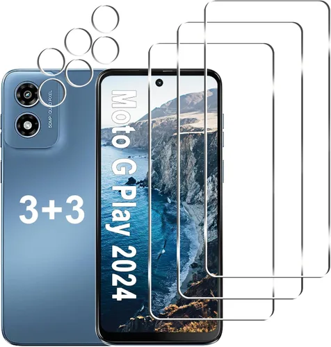 [Paquete de 3+3] Protector de pantalla para Moto G Play 2024 + protector de lente de cámara, vidrio templado 9H, antiarañazos, fácil instalación,