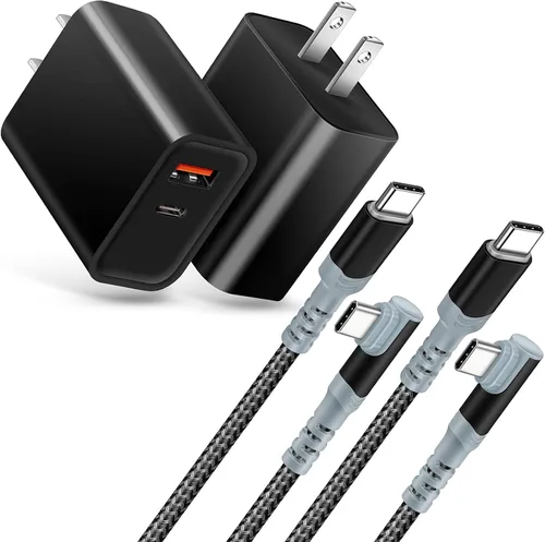 Cargador de pared rápido USB-C de 20 W, paquete de 2 adaptadores de corriente USB-C + 2 cables de carga tipo C a C de 10 pies en ángulo recto