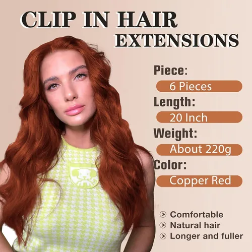 Vista 2 de NAYOO Extensiones de clip para cabello de 20 pulgadas para mujer, cabello ondulado y rizado de cobre rojo, extensiones de cabello sintético