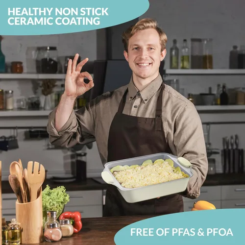 Vista 3 de Boxiki Kitchen Molde para hornear de 8 x 8 pulgadas, molde cuadrado de cerámica antiadherente para pastel para horno, molde para brownies con mango