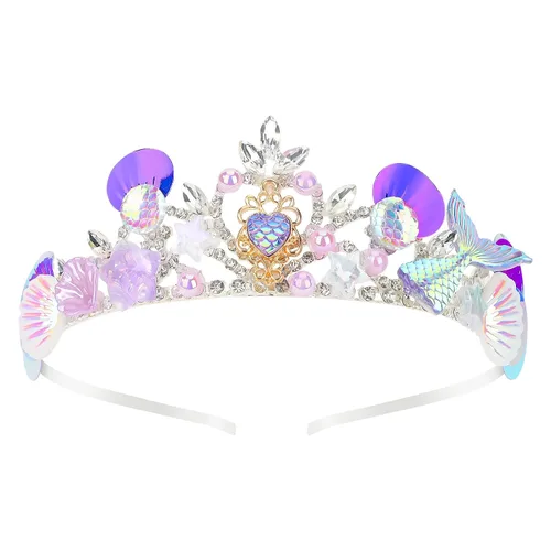 CIEHER Corona de sirena para niñas, diadema de sirena morada, corona de conchas para niñas, decoración de fiesta de sirena, decoraciones de