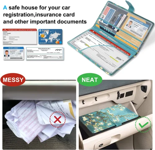 Vista 4 de DMLuna Soporte para Registro de Coche y Seguro, Organizador de Cuero para Documentos de Vehículo en Guantera, Accesorios de Compartimento para Auto