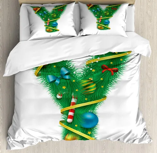 Vista 10 de Ambesonne Christmas Alphabet Duvet Cover Set, Tree Branches as B Letter Ornamented with Ribbon and Baubles, Decorative 3 Piece Bedding Set with 2