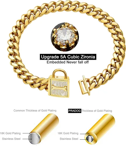 Vista 8 de Collar de cadena para perro con cierre de circonita de 0.472 in, cadena de eslabones cubanos de oro de 18 quilates, acero inoxidable, collar de lujo