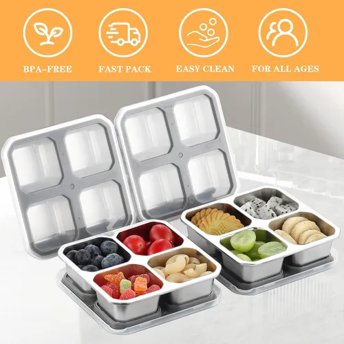 Vista 5 de Platos divididos de acero inoxidable, bandeja para niños y bebés, 4 compartimentos divididos, contenedor de aperitivos Bento con tapa, caja