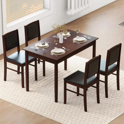 Vista 10 de NAFORT Juego de mesa de comedor para 4, mesa de cocina y sillas de madera maciza, juego de comedor de estilo granja con delantal, patas de madera