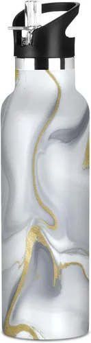 Kids Water Bottle for School Leakproof Sports Water Bottle for Boys Girls 20oz, BPA-Free, Grey Gold Marble Texture