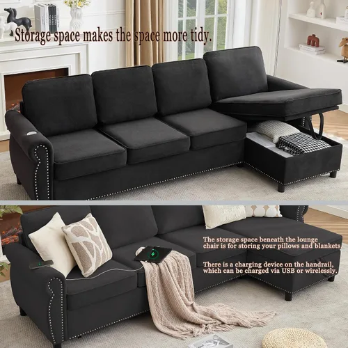 Vista 6 de Sofá cama extraíble en forma de L de 106 pulgadas, moderno sofá modular de almacenamiento de 4 plazas, sofá cama 2 en 1 con diván reversible