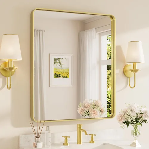 Vista 28 de TETOTE Espejo de marco dorado cepillado de 16 x 24 pulgadas, espejo de tocador de baño de latón dorado para pared, espejo enmarcado rectangular
