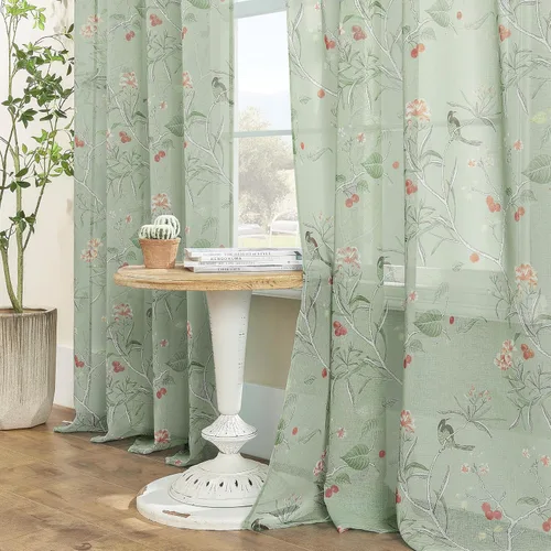 XTMYI Cortinas transparentes verdes de hojas de 96 pulgadas de largo para sala de estar, puerta corrediza de cristal, juego de 2 paneles, cortinas