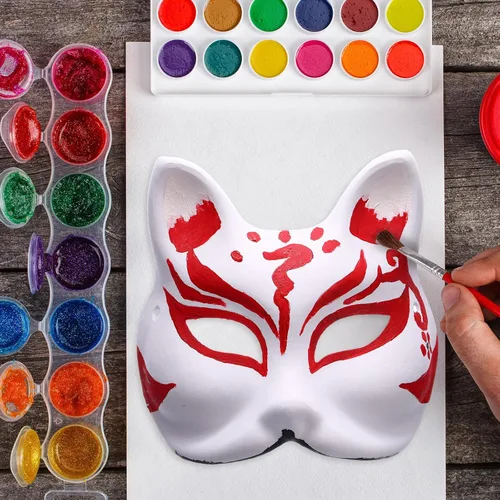 Vista 5 de Libima 50 máscaras de papel maché para bricolaje, máscara en blanco de gato y zorro con banda elástica, animal blanco pintable para fiestas